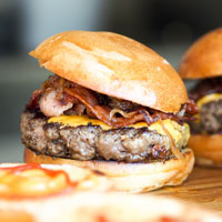 close-up of three burgers